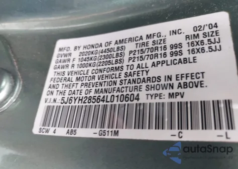 2004 Honda Element Ex from USA, damaged, VIN 5J6YH28564L010604